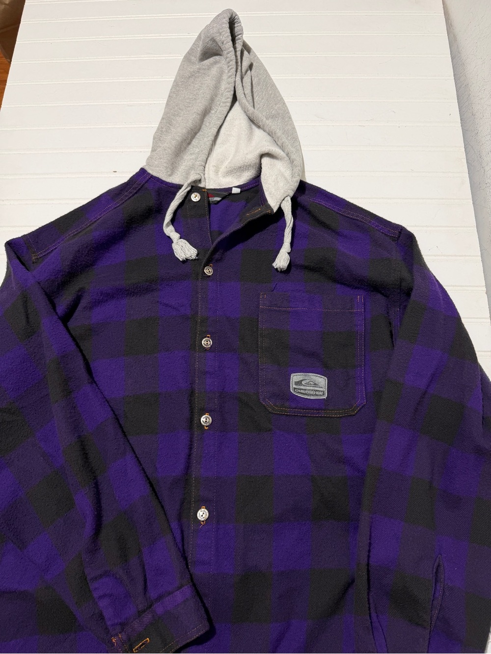 Vintage 80s/90s Quiksilver Purple Black Buffalo Plaid Hooded Flannel Made USA L